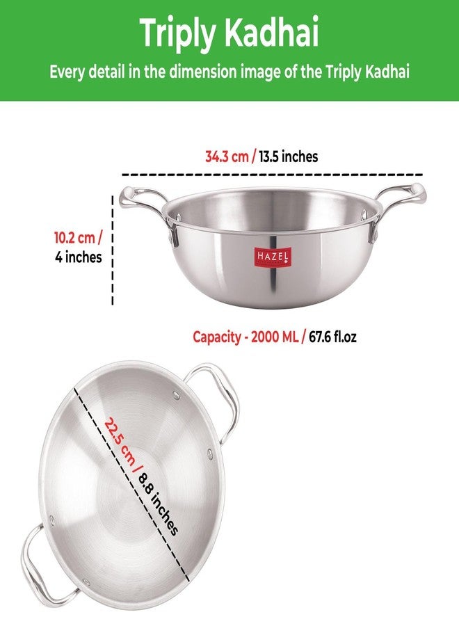 HAZEL Triply Stainless Steel Kadhai with Induction Base, 2 Litre | 3 Layer Construction Uni-Heat Cooking, Easy-Pour Edge, 22.5 cm Wok Kadai - Image 3